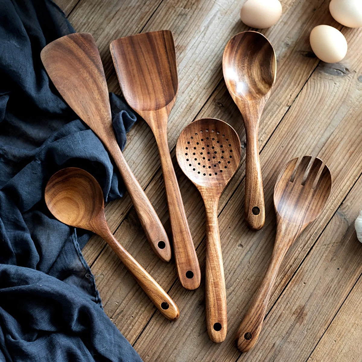 Wood Kitchen Utensil Set with Storage Bucket - Cooking Tool Set