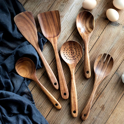 Wood Kitchen Utensil Set with Storage Bucket - Cooking Tool Set