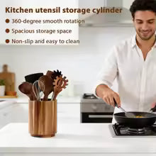 360° Rotating Wooden Utensil Holder - Large Capacity Kitchen Organizer