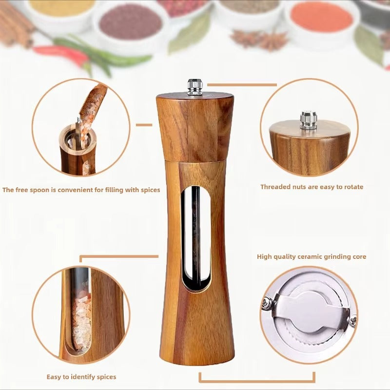 Adjustable Wood Salt and Pepper Grinder Set – Manual Mill for Kitchen