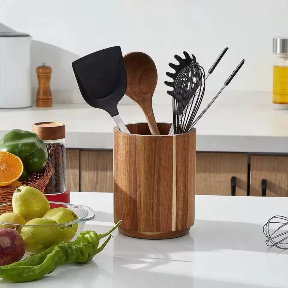 360° Rotating Wooden Utensil Holder - Large Capacity Kitchen Organizer