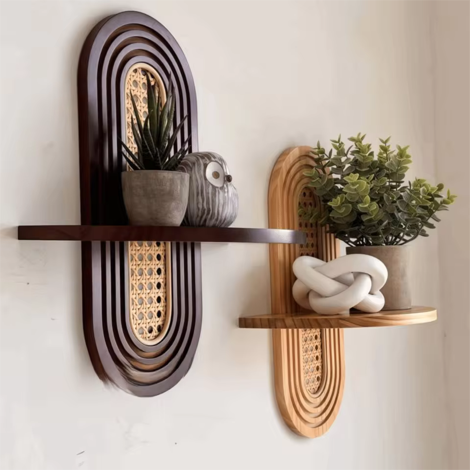 Rattan-Style Geometric Wall Shelf - Handmade Boho Floating Shelf