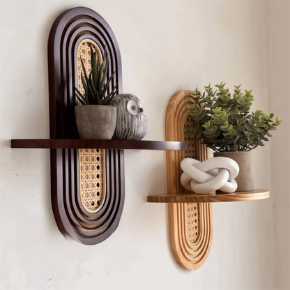 Rattan-Style Geometric Wall Shelf - Handmade Boho Floating Shelf