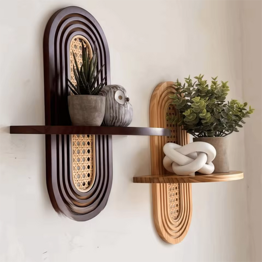 Rattan-Style Geometric Wall Shelf - Handmade Boho Floating Shelf