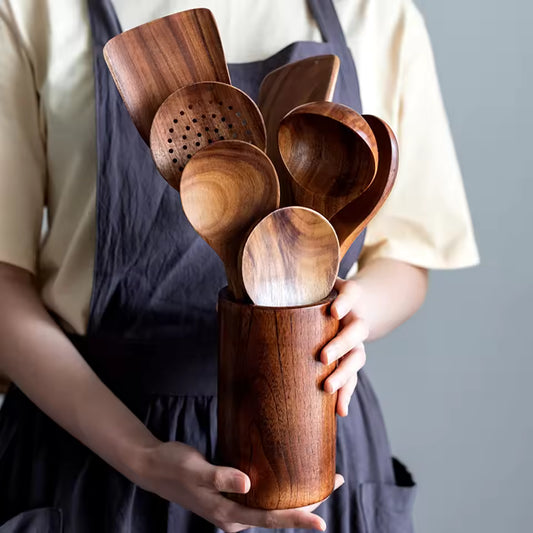Wood Kitchen Utensil Set with Storage Bucket - Cooking Tool Set