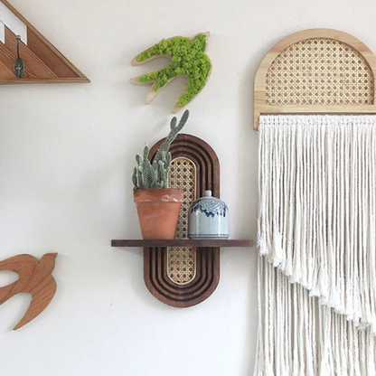 Rattan-Style Geometric Wall Shelf - Handmade Boho Floating Shelf