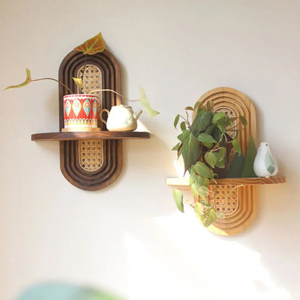 Rattan-Style Geometric Wall Shelf - Handmade Boho Floating Shelf