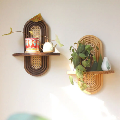 Rattan-Style Geometric Wall Shelf - Handmade Boho Floating Shelf