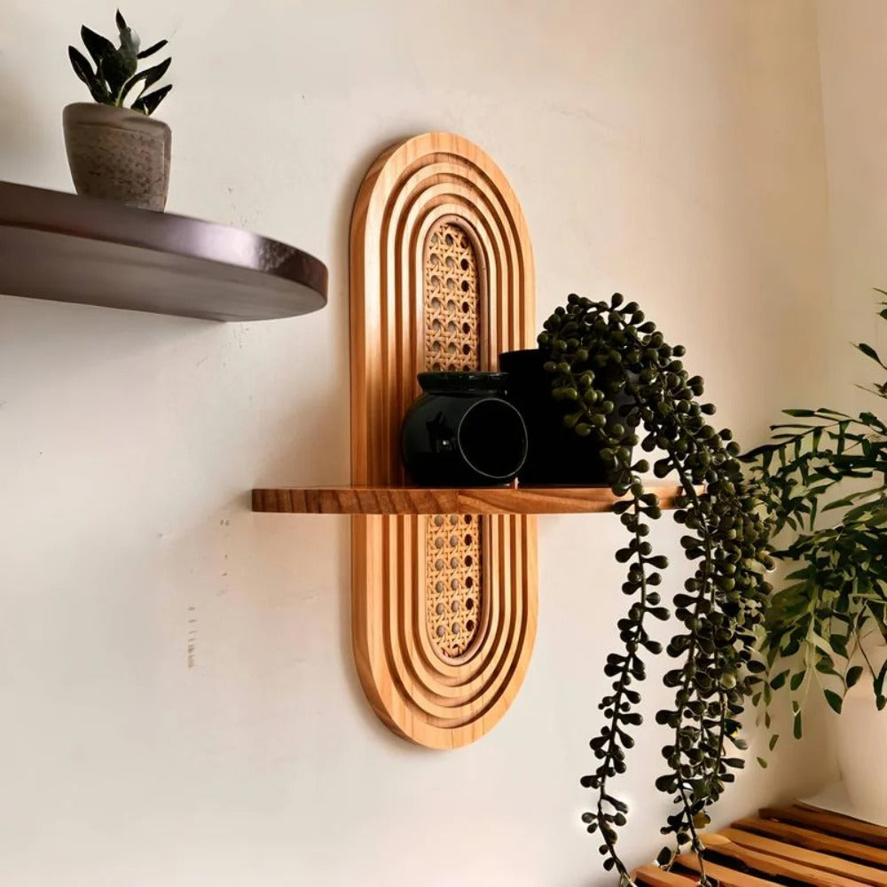 Rattan-Style Geometric Wall Shelf - Handmade Boho Floating Shelf
