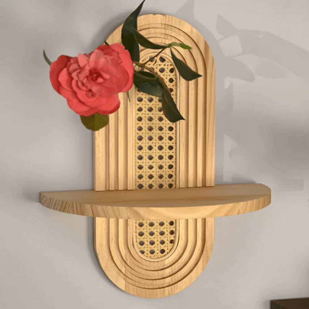Rattan-Style Geometric Wall Shelf - Handmade Boho Floating Shelf