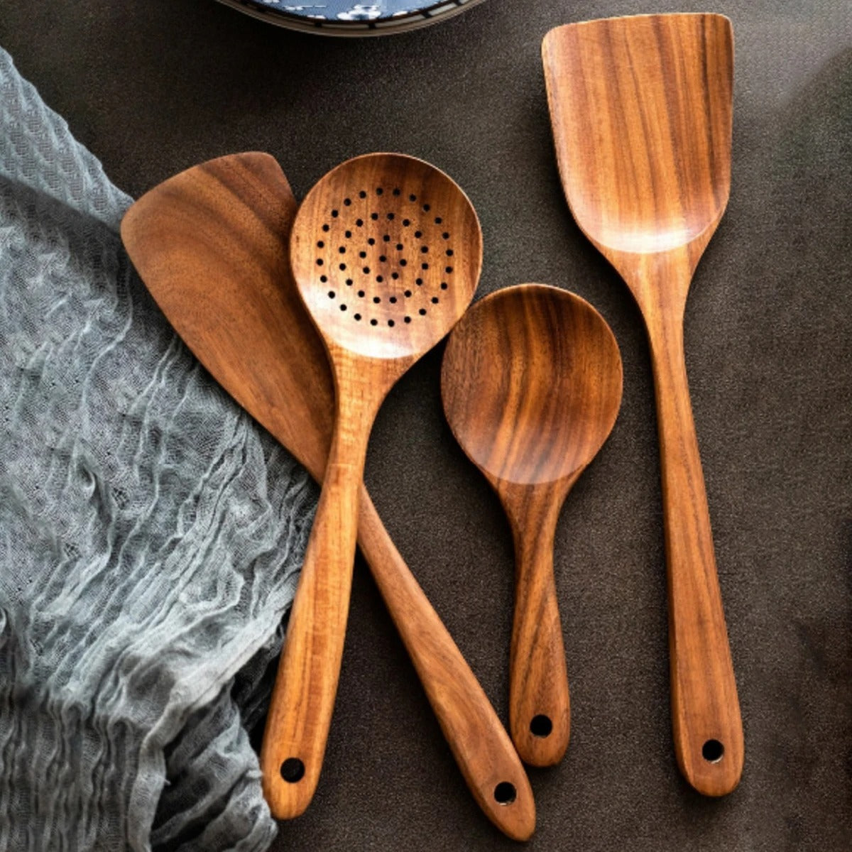 Wood Kitchen Utensil Set with Storage Bucket - Cooking Tool Set