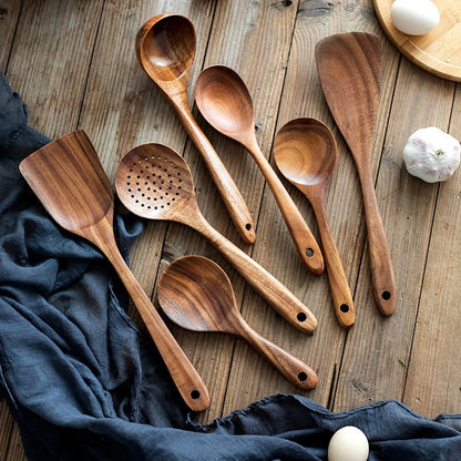 Wood Kitchen Utensil Set with Storage Bucket - Cooking Tool Set