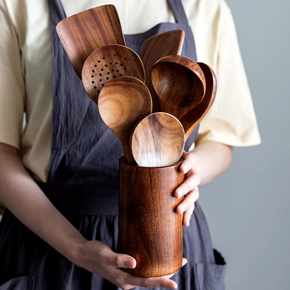 Wood Kitchen Utensil Set with Storage Bucket - Cooking Tool Set