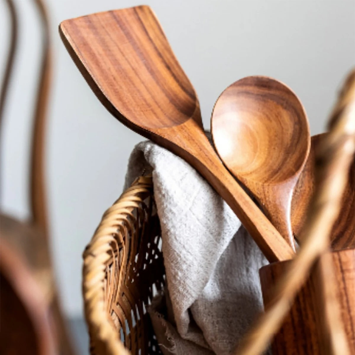 Wood Kitchen Utensil Set with Storage Bucket - Cooking Tool Set