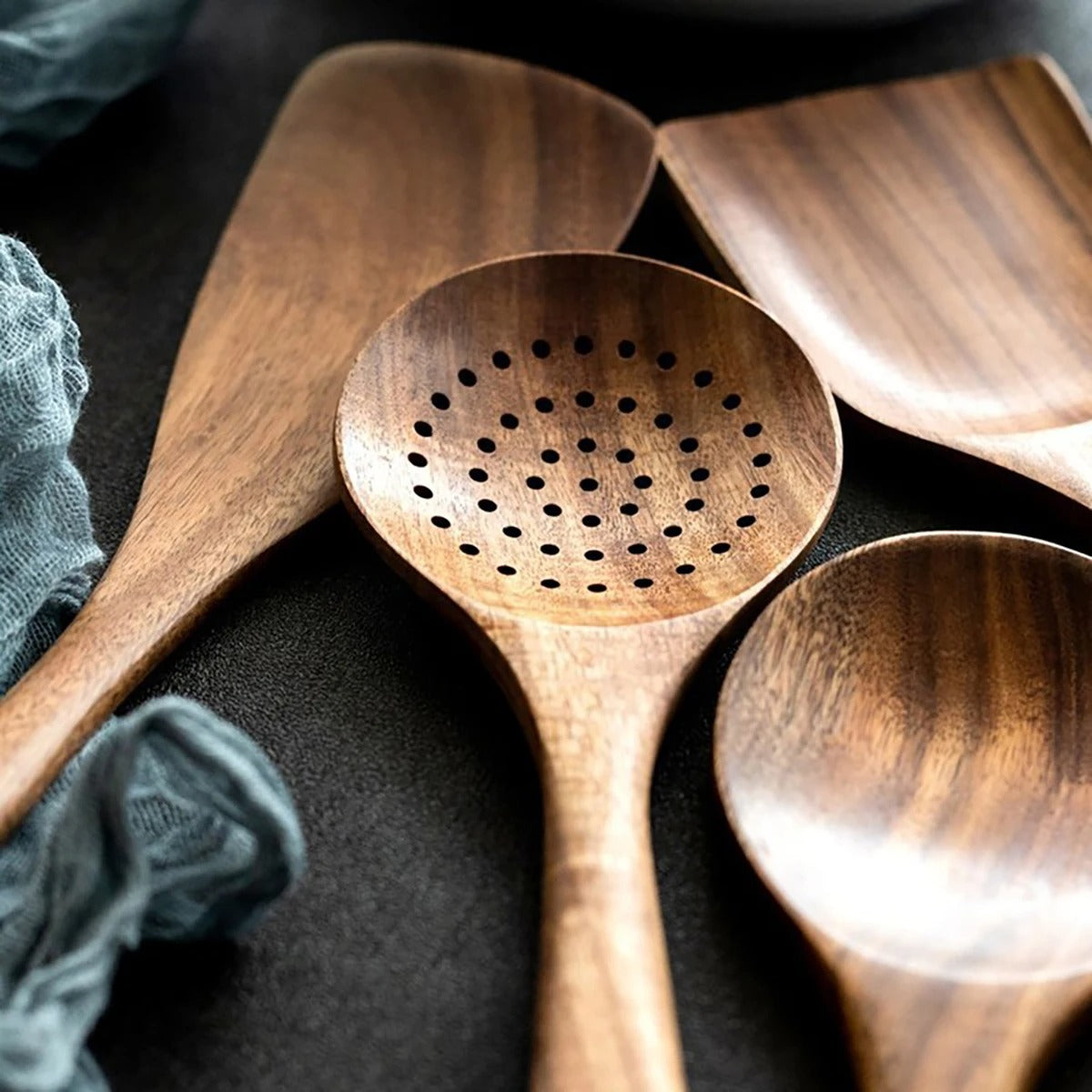 Wood Kitchen Utensil Set with Storage Bucket - Cooking Tool Set