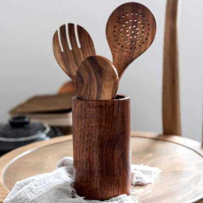 Wood Kitchen Utensil Set with Storage Bucket - Cooking Tool Set