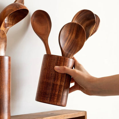 Wood Kitchen Utensil Set with Storage Bucket - Cooking Tool Set